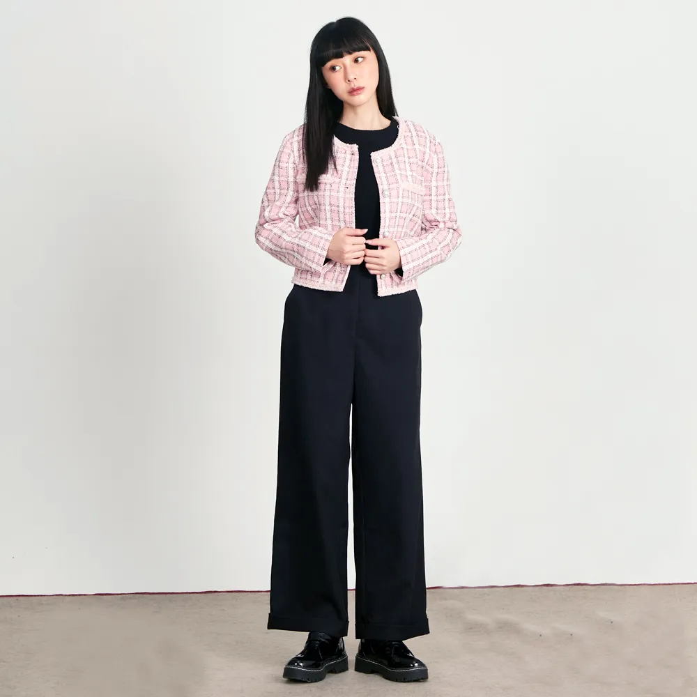 【betty’s 貝蒂思】出清品  腰頭刺繡素面反摺長褲(黑色)