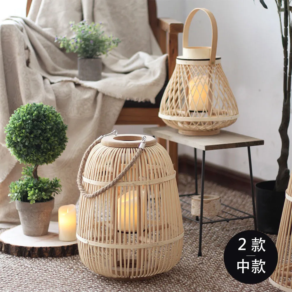 【好物良品】中款_日式簡約手工竹藝編織落地式裝飾籃吊掛燈(客廳陽台庭院裝飾品 飯店大廳擺飾品)