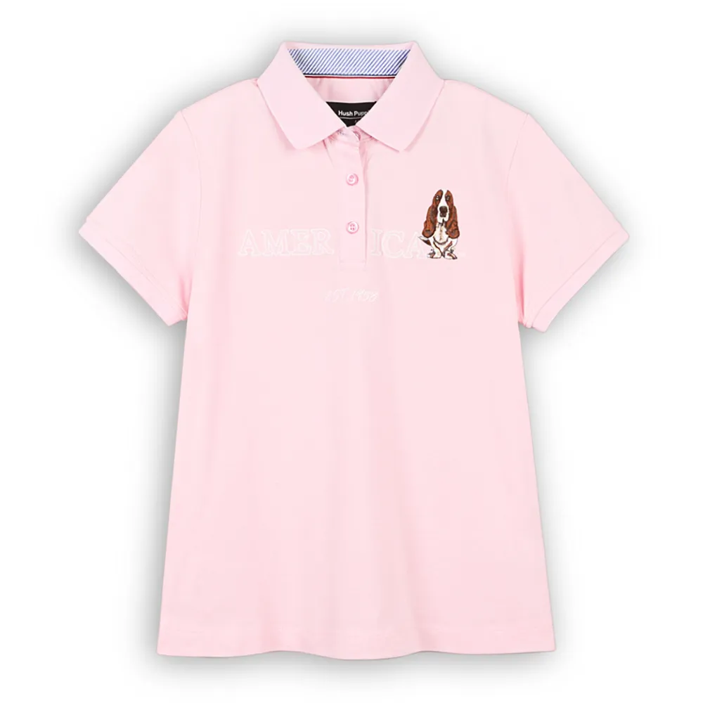 【Hush Puppies】女裝 POLO衫 素色簡約英文刺繡狗短袖POLO衫(淺粉紅 / 53201901)