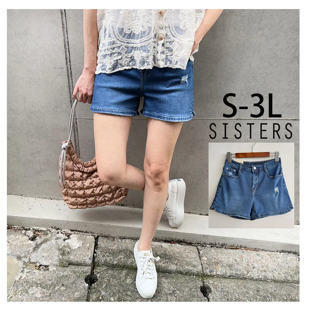 【SISTERS】小男友刷破感後鬆緊腰牛仔褲 短褲/S-3L(牛仔褲/丹寧/短褲/顯瘦/下著/褲裝)