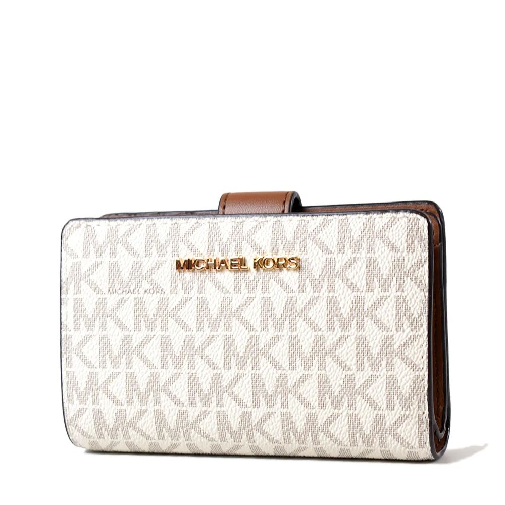 【Michael Kors】金字緹花小LOGO防刮皮革釦式中夾-香草白