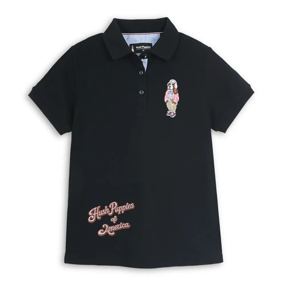 【Hush Puppies】女裝 POLO衫 棒球帽狗刺繡POLO衫 (黑色 / 64201101)