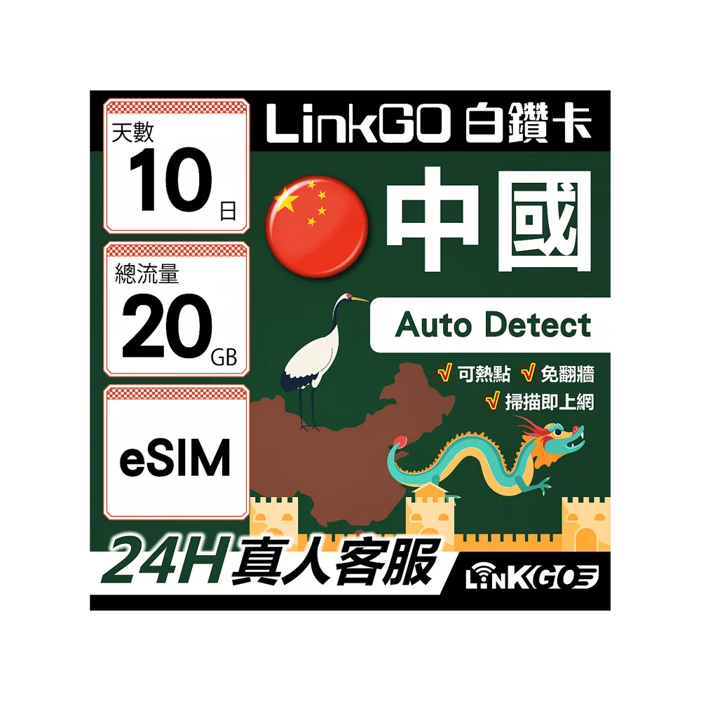 【LINKGO】白鑽卡 中國大陸 eSIM卡 10天上網總流量20GB 免翻牆支援LINE FaceBook(中國網卡 大陸 西藏 新疆)