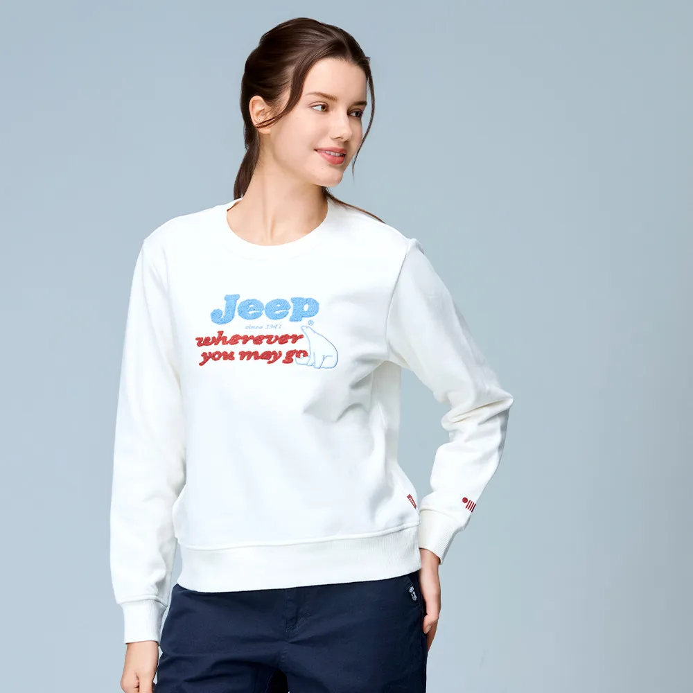 【JEEP】女裝 北極熊毛巾繡長袖刷毛大學T(白色)