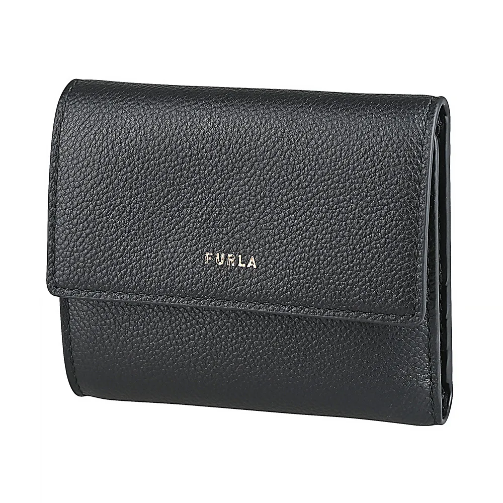 【FURLA 芙拉】FURLA Goccia燙金字LOGO小牛皮6卡壓釦式三折短夾(中/黑)