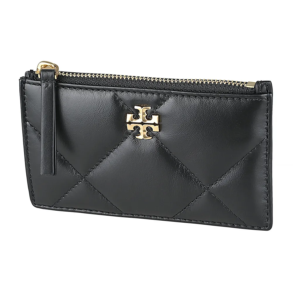 【TORY BURCH】TORY BURCH Kira立體古金字LOGO小牛皮菱格紋4卡拉鍊卡夾零錢包(黑)