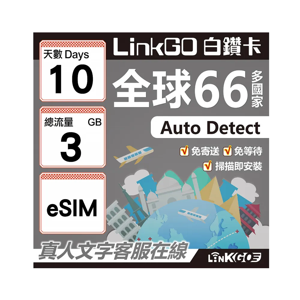 【LINKGO】白鑽卡 全球66國 eSIM卡 10天上網卡 總流量3GB(全球網卡 亞洲 歐洲 美洲 大洋洲 非洲)