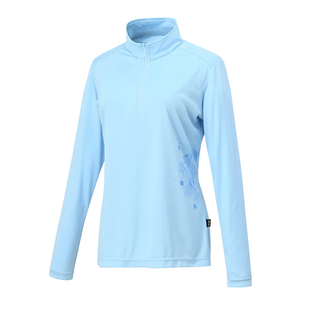 【Fit 維特】女-吸排立領長袖印花上衣-水藍 JS2101-52(透氣合身/長袖上衣/運動/休閒/戶外登山)