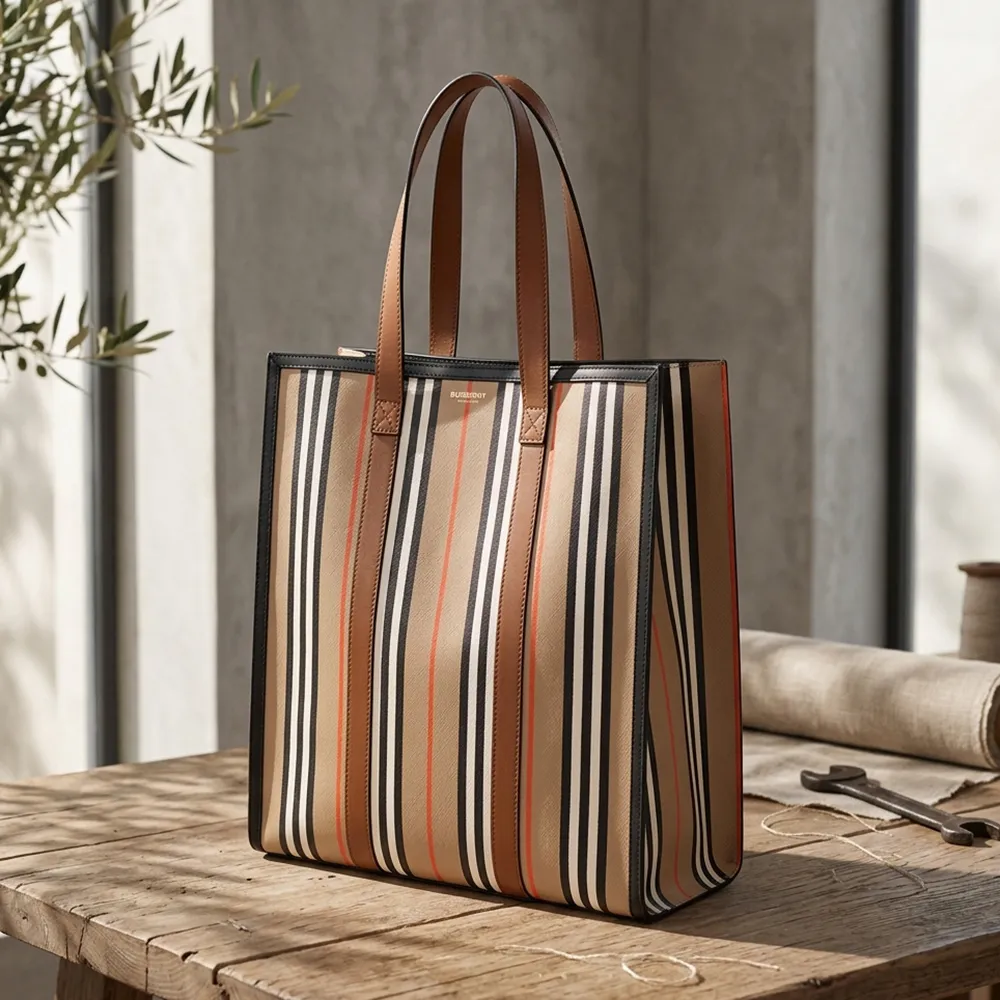 【BURBERRY 巴寶莉】BURBERRY 英式直條PVC拼小牛皮壓釦式豎版肩背托特包(卡其x黑)