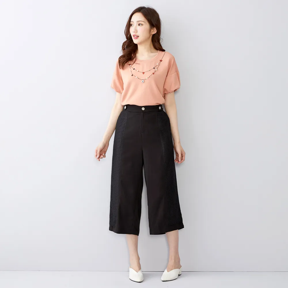 【betty’s 貝蒂思】出清品  格紋網布拼接牛仔寬褲(黑色)