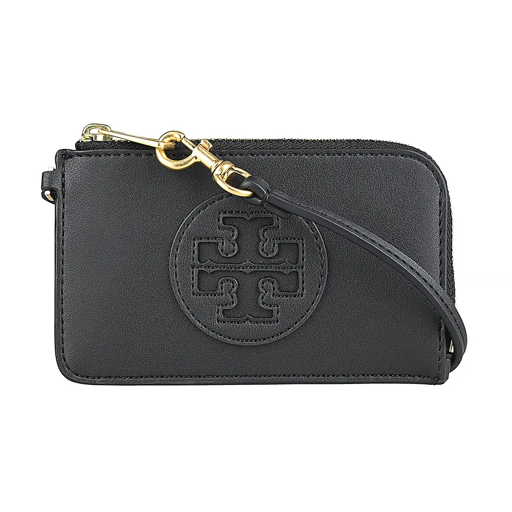 【TORY BURCH】TORY BURCH Ella Bio圓形皮標LOGO牛皮4卡拉鍊腕帶卡夾零錢包(黑)