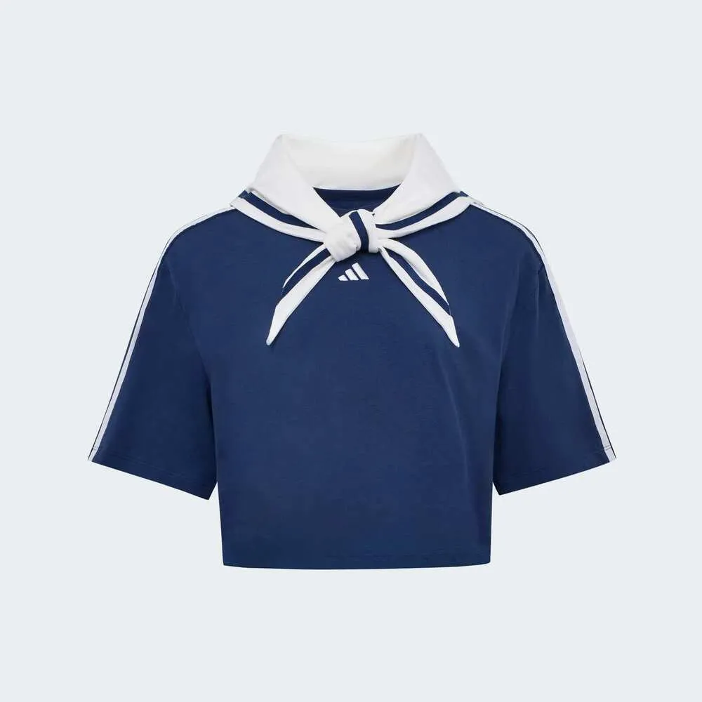 【adidas 愛迪達】Dce Box Tee 女 T恤 運動上衣 休閒短袖 深藍 亞版 短版 領巾設計(KY7755)