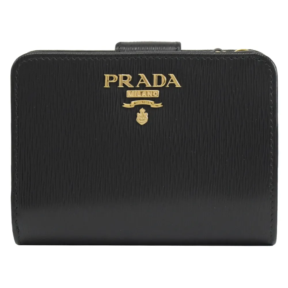 【PRADA 普拉達】撞色浮雕LOGO水波紋雙面扣式零錢短夾(黑紅)