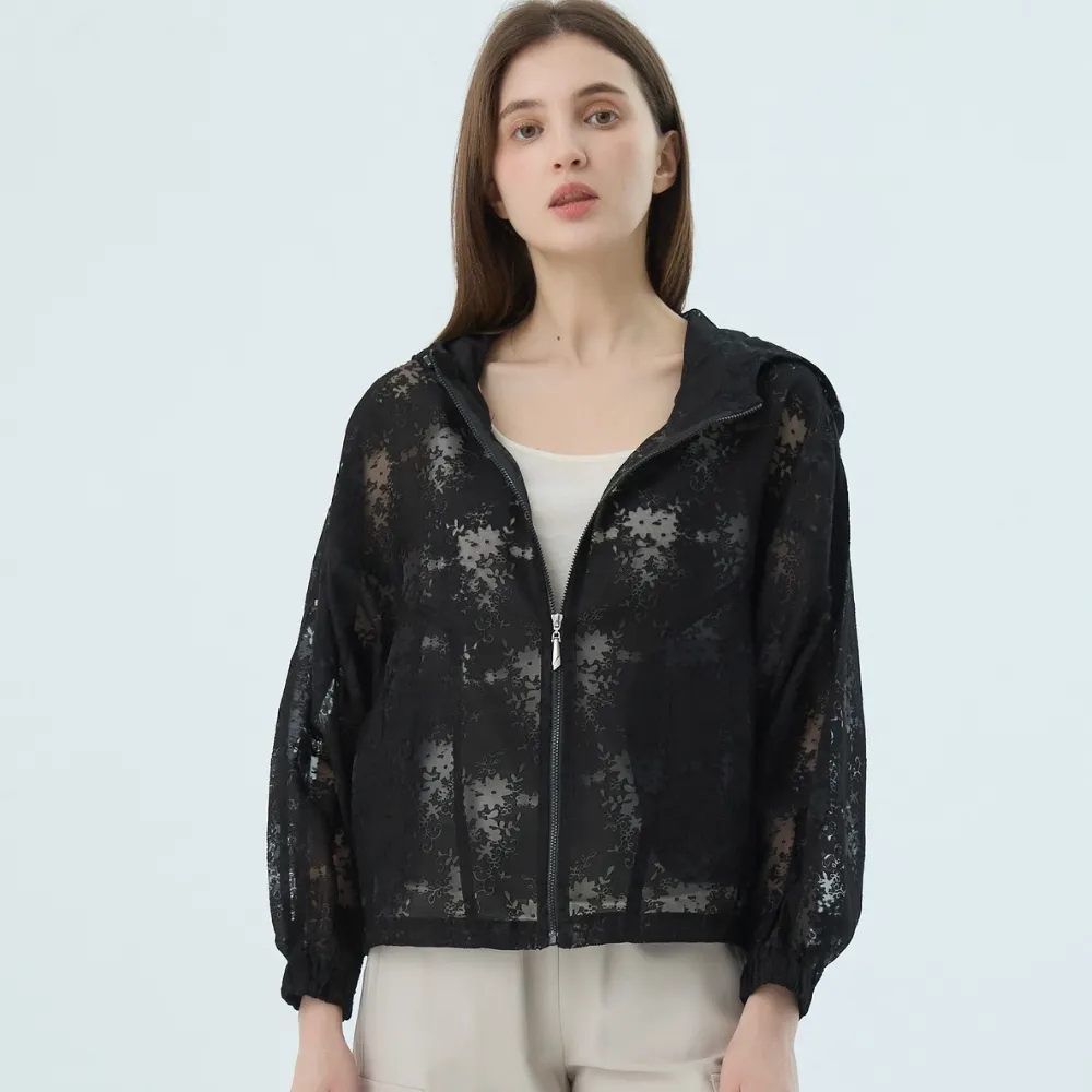 【Qiruo 奇若名品】黑蕾絲布料 拉鍊連帽 束腰外套7055E 