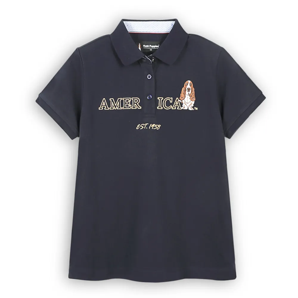 【Hush Puppies】女裝 POLO衫 素色簡約英文刺繡狗短袖POLO衫(丈青 / 53201901)