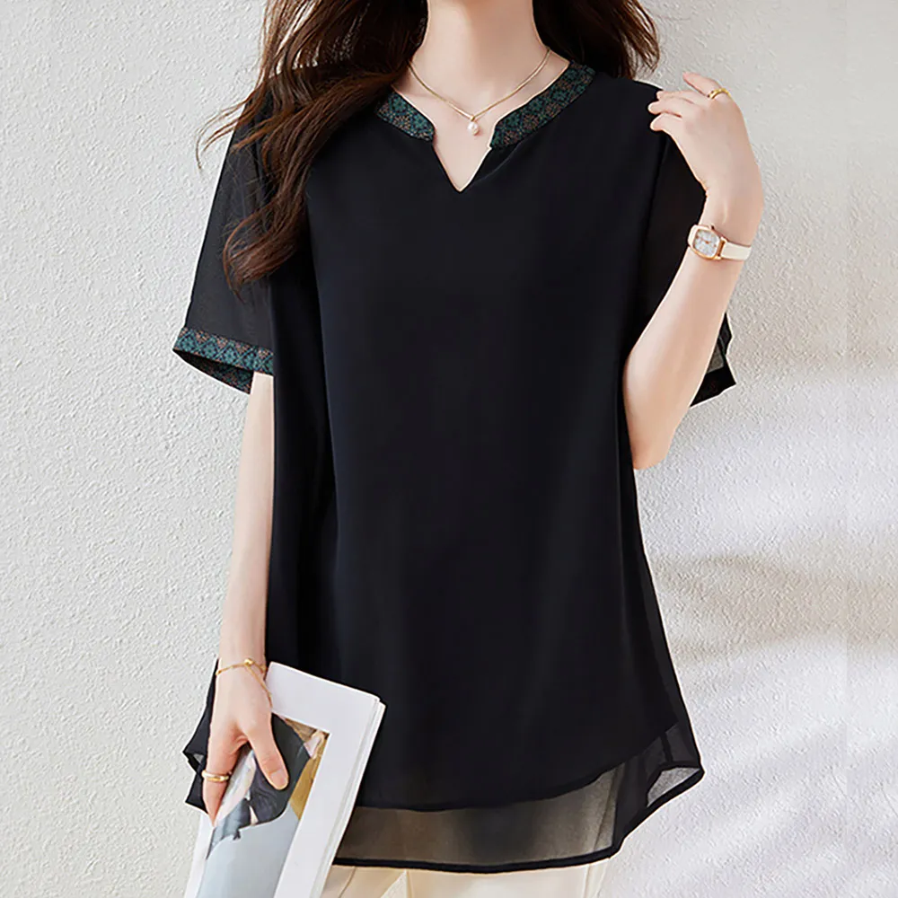 【麗質達人】8071黑色V領雪紡上衣-LY (L-5XL)