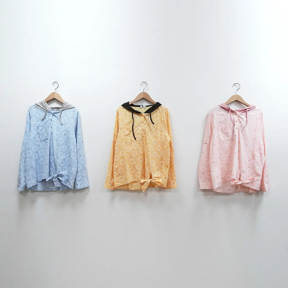【Dailo】幾何連帽綁帶休閒長袖襯衫(藍 粉 黃/魅力商品)