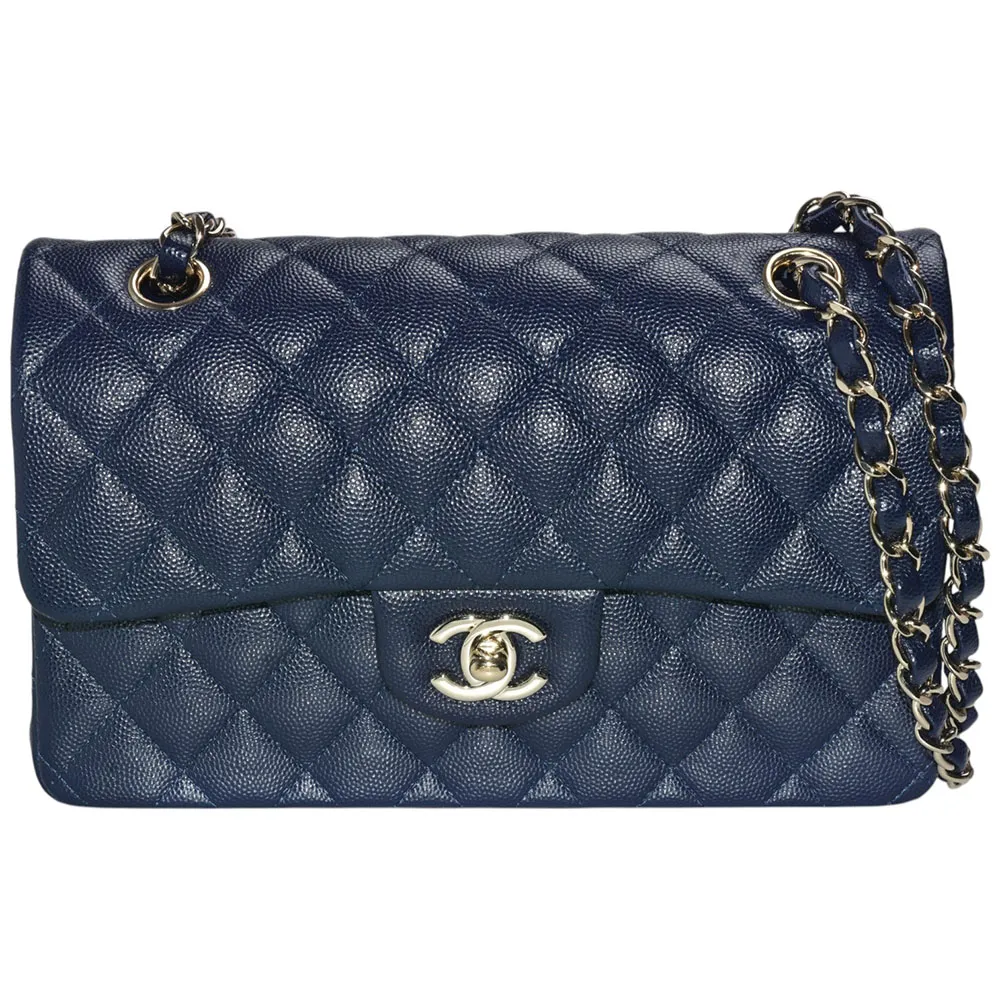 【CHANEL 香奈兒】經典COCO菱格粒紋牛皮雙鍊肩背包(23cm深藍色A01113C-DARKBLUE-GP)