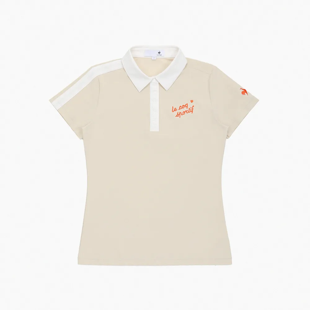 【LE COQ SPORTIF 公雞】高爾夫系列 女款卡其色吸汗速乾彈性防曬短袖POLO衫 QLX2T219