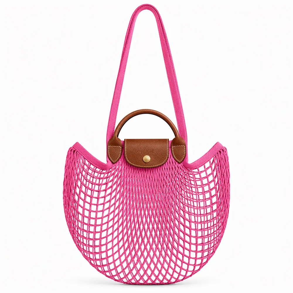 【LONGCHAMP】LE PLIAGE FILET系列網狀棉質手提/肩背兩用包(大/糖果粉)