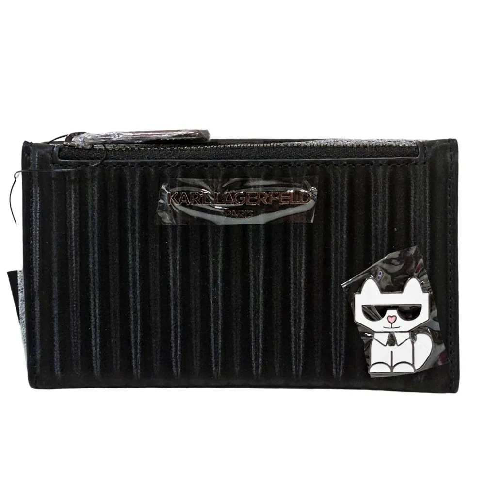 【KARL LAGERFELD 卡爾】KL 貓咪公仔對開拉鍊零錢包 卡包(黑色)