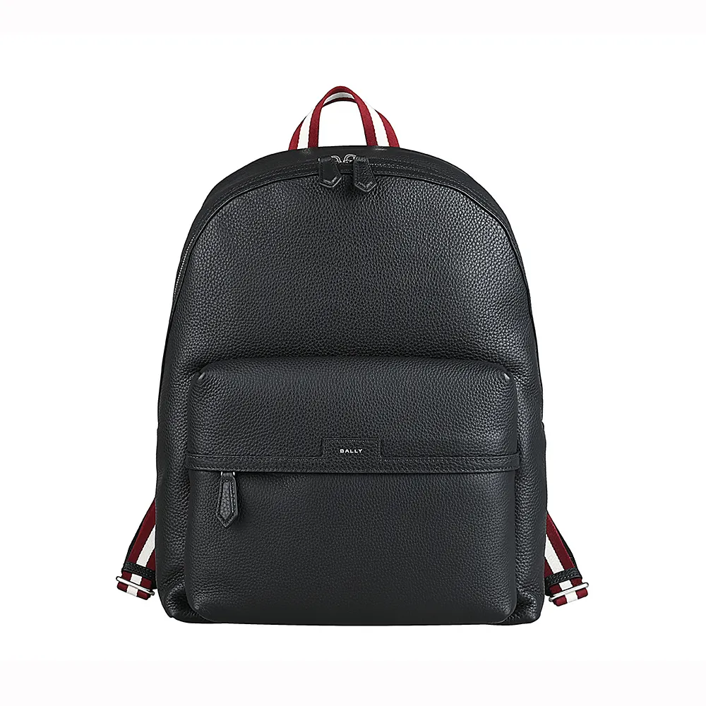 【BALLY】BALLY Code簡約皮標燙印LOGO荔枝紋設計牛皮/帆布拉鍊後背包(黑)