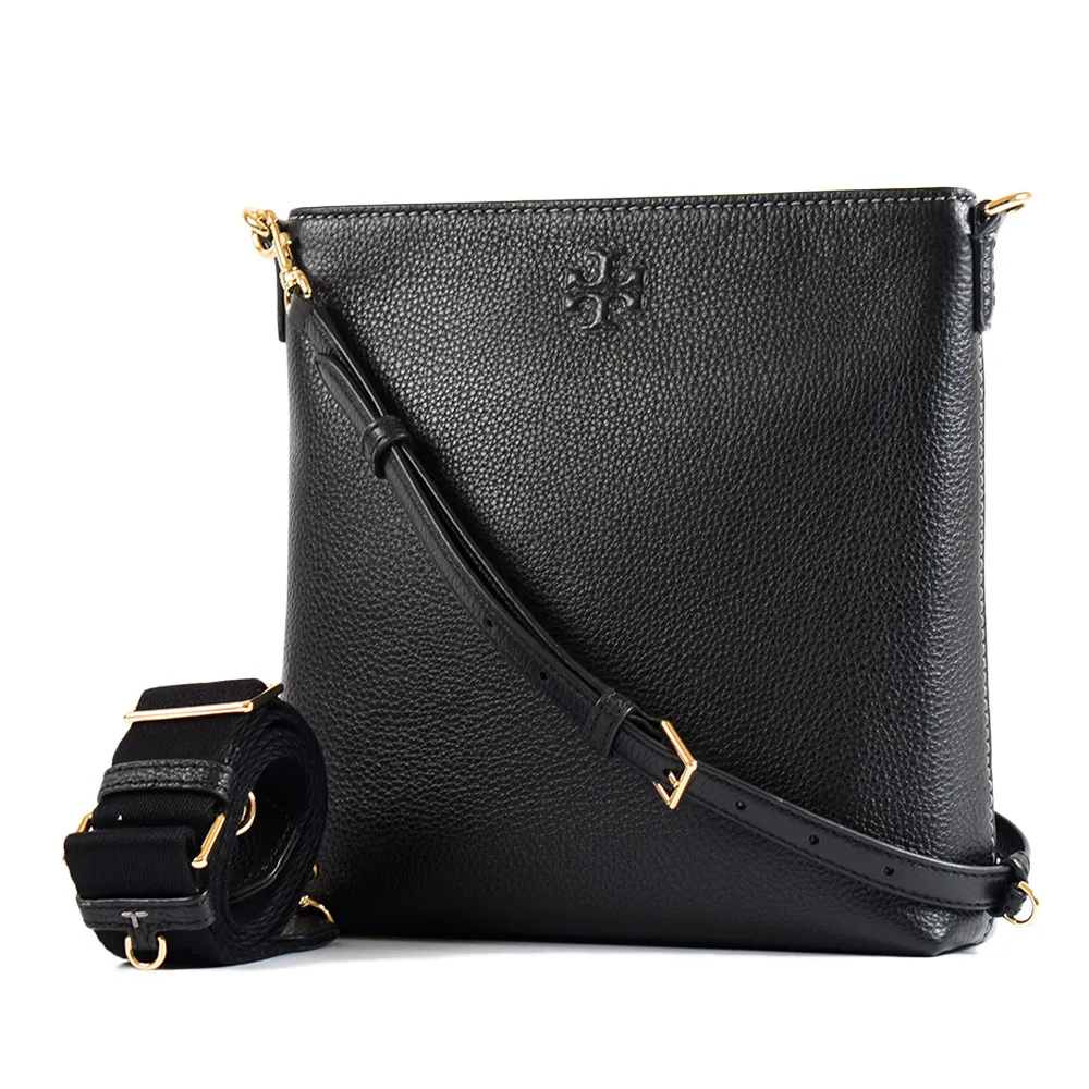 【TORY BURCH】THEA 荔枝紋雙背帶拉鍊斜背包-黑色