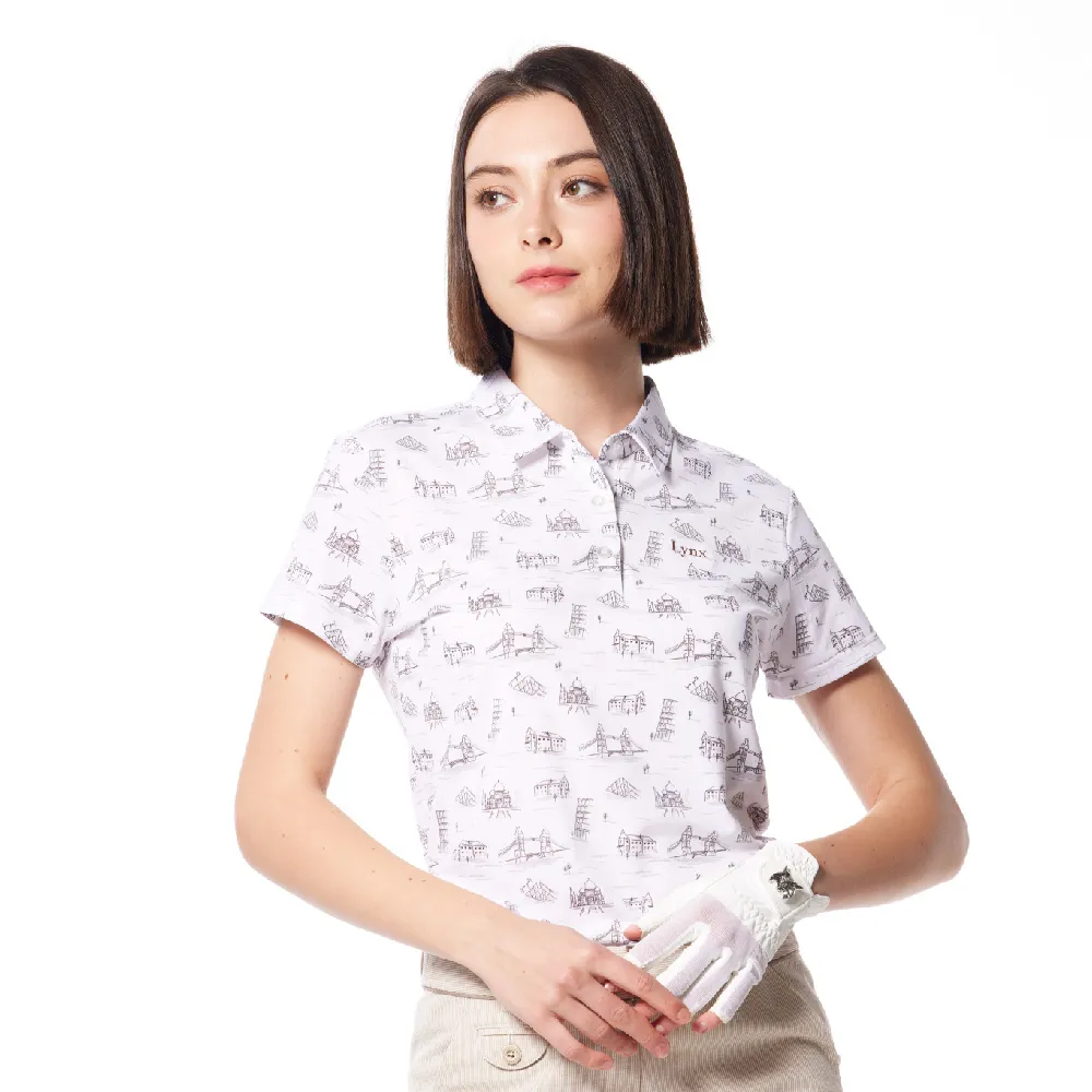 【Lynx Golf】女款吸溼排汗機能滿版觀光景點圖樣Lynx繡花短袖POLO衫/高爾夫球衫(白色)