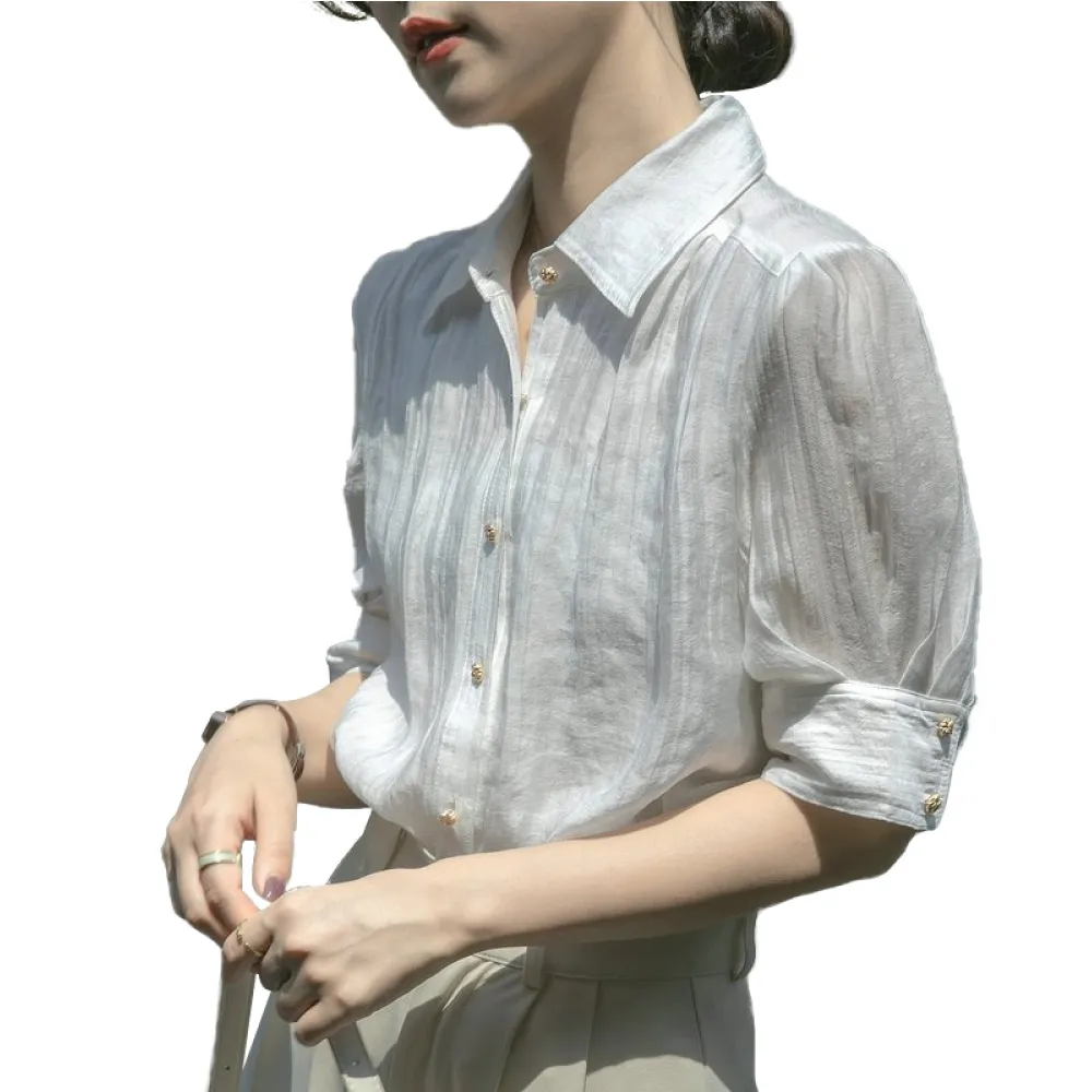 【Alishia】高雅氣質超薄透膚天絲泡泡袖雪紡衫 S-2XL(白色)