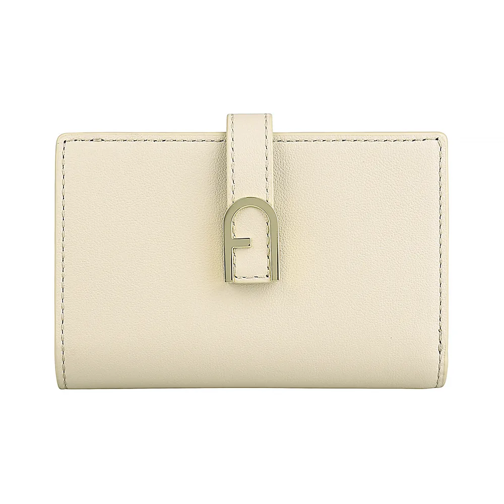 【FURLA 芙拉】FURLA Flow拱形金釦LOGO小牛皮6卡按釦式對折中夾(小/米)