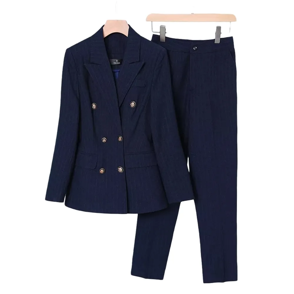 【米蘭精品】現貨+預購 西裝套裝兩件套(條紋雙排扣外套長褲女職業西裝2色74ct23)