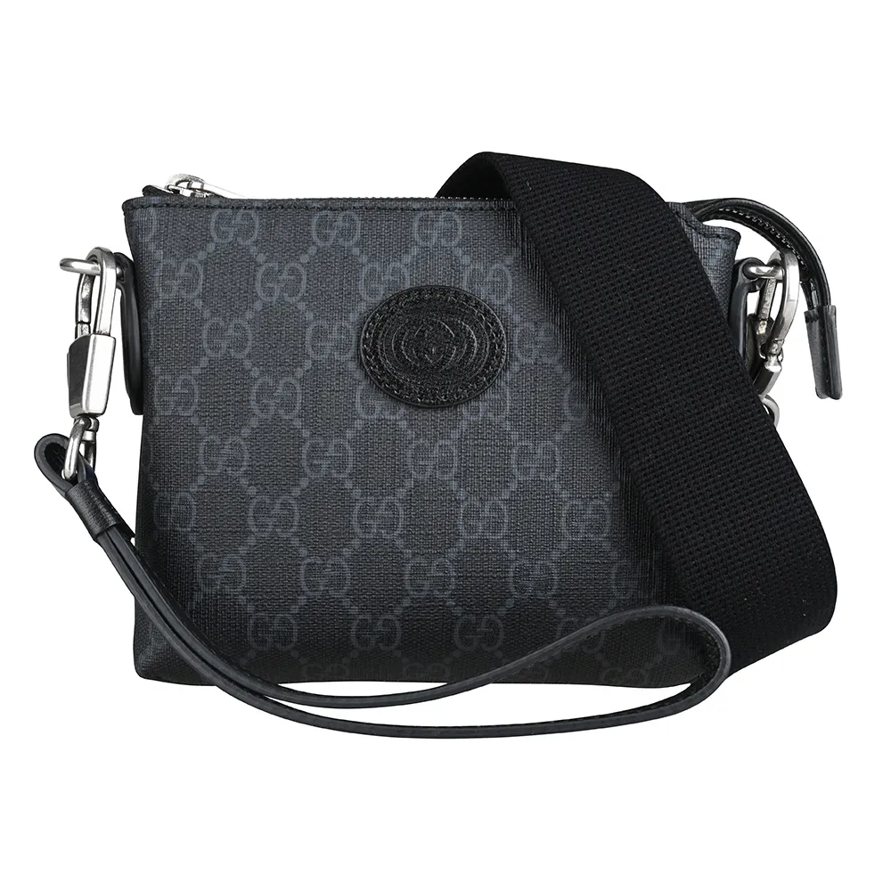 【GUCCI 古馳】INTERLOCKING經典雙G皮標LOGO印花塗層帆布手拿斜背包(迷你/黑)