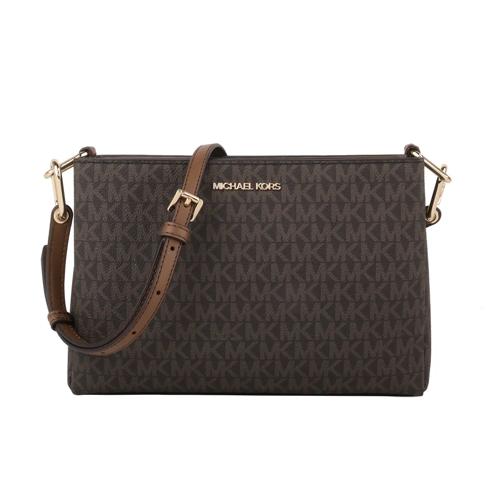 【Michael Kors】金字滿版MK PVC皮革三層斜背包(深咖)