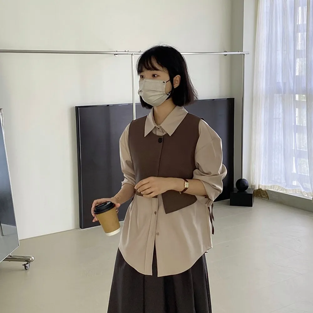 【巴黎精品】現貨+預購 長袖襯衫西裝背心 兩件套(通勤純色繫帶馬甲女裝a1cz40)