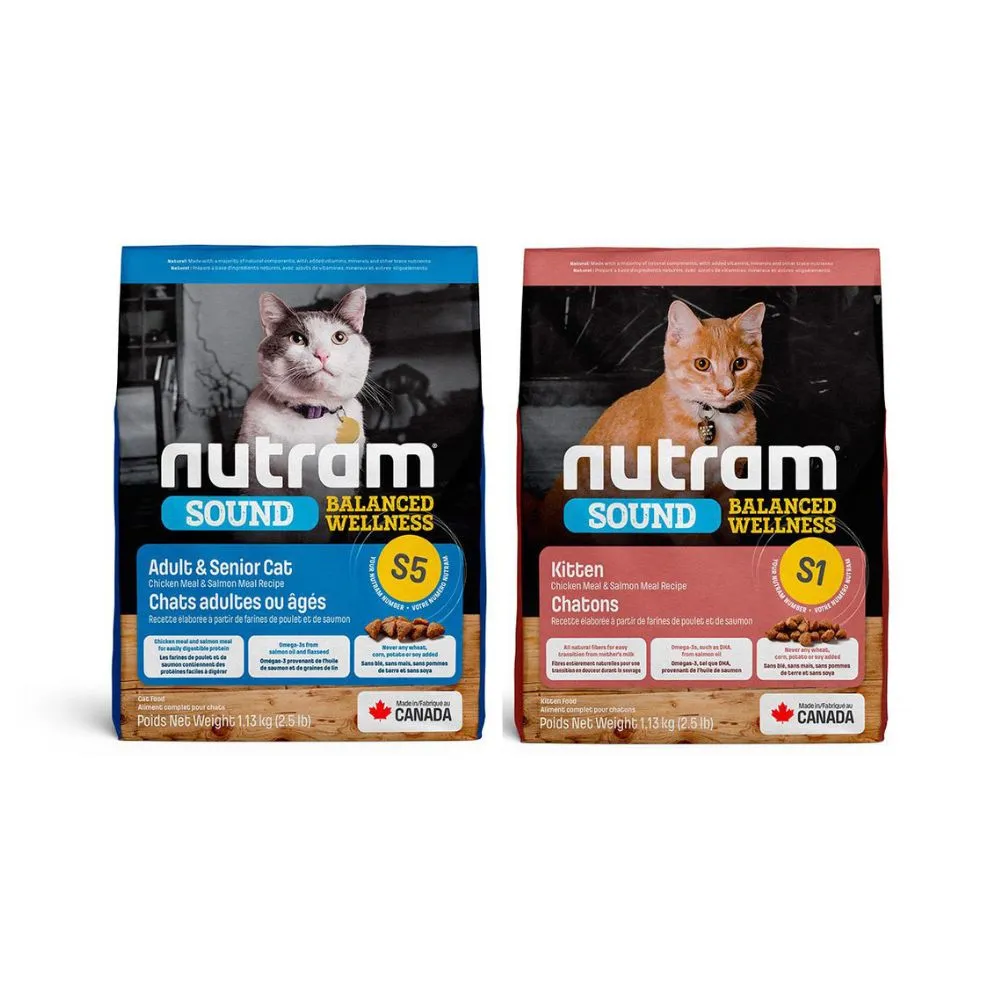 【Nutram 紐頓】2入組-S1/S5無穀均衡健康系列貓飼料 1.13kg/2.5lb(幼貓/成貓)
