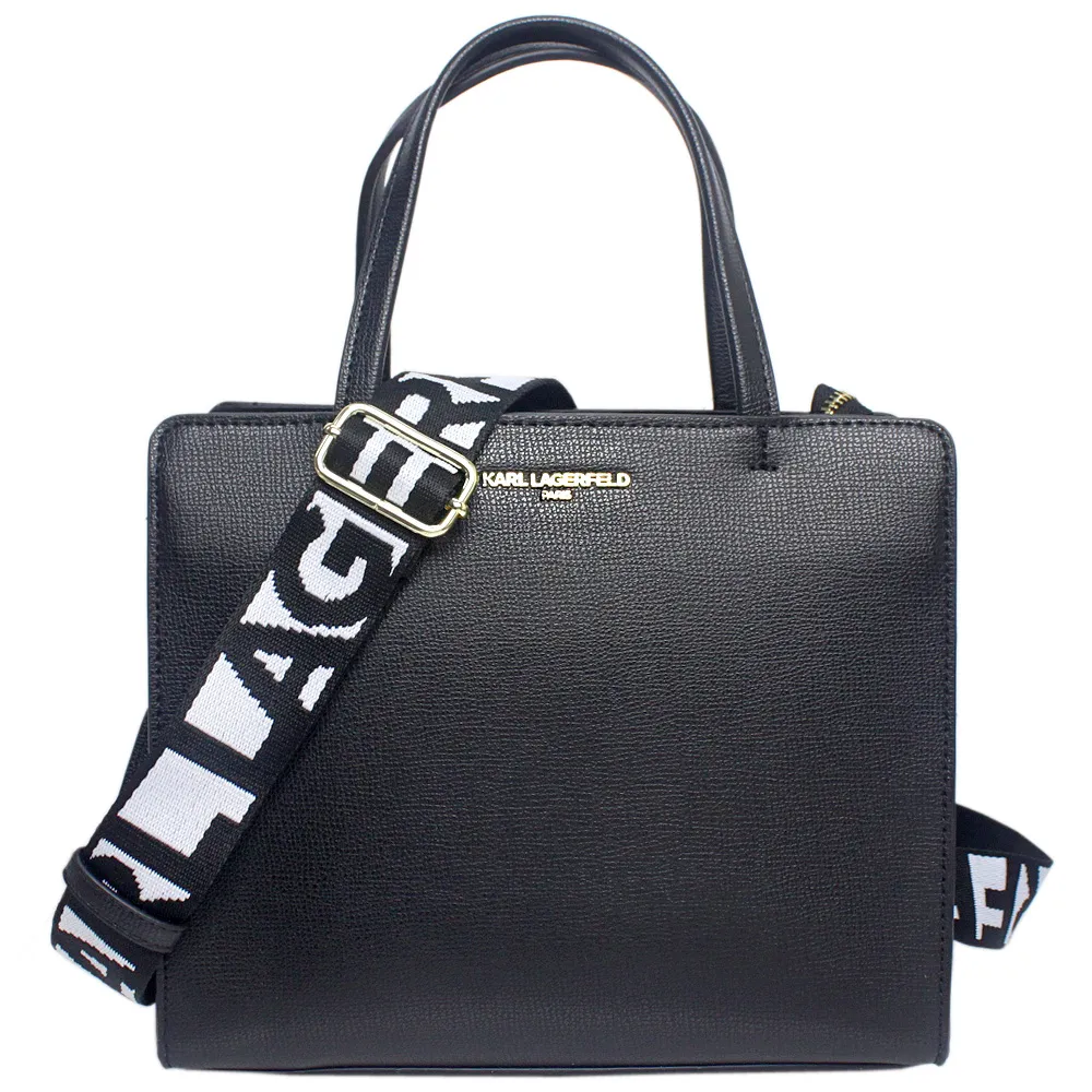【KARL LAGERFELD 卡爾】素面皮革品牌字母織背帶手提斜背兩用包(黑)