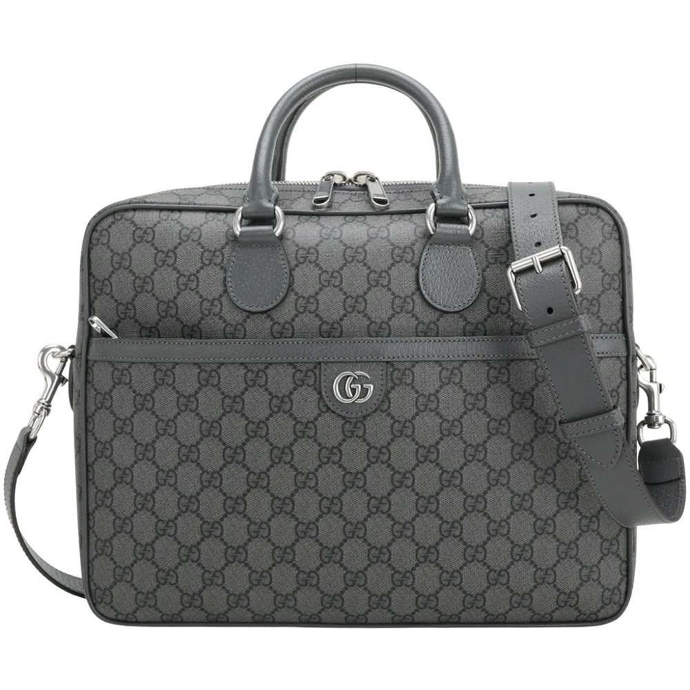 【GUCCI 古馳】Ophidia GG Supreme 經典老花肩 斜背公事包-深灰色