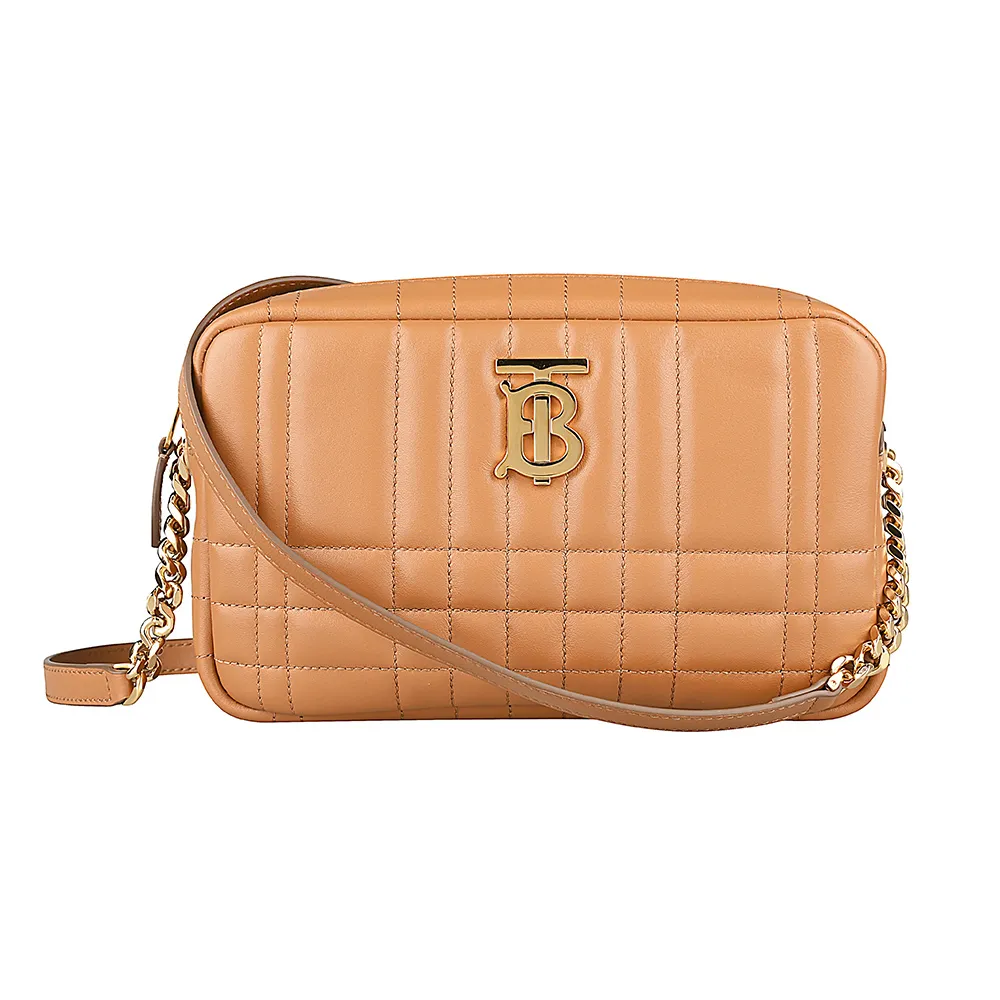 【BURBERRY 巴寶莉】BURBERRY Lola系列電鍍LOGO車縫小羊皮斜背/肩背/相機包(褐)