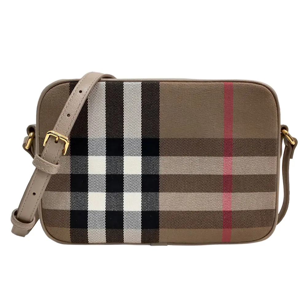 【BURBERRY 巴寶莉】80844991 經典格紋拚色牛皮飾邊斜背包相機包(卡其)