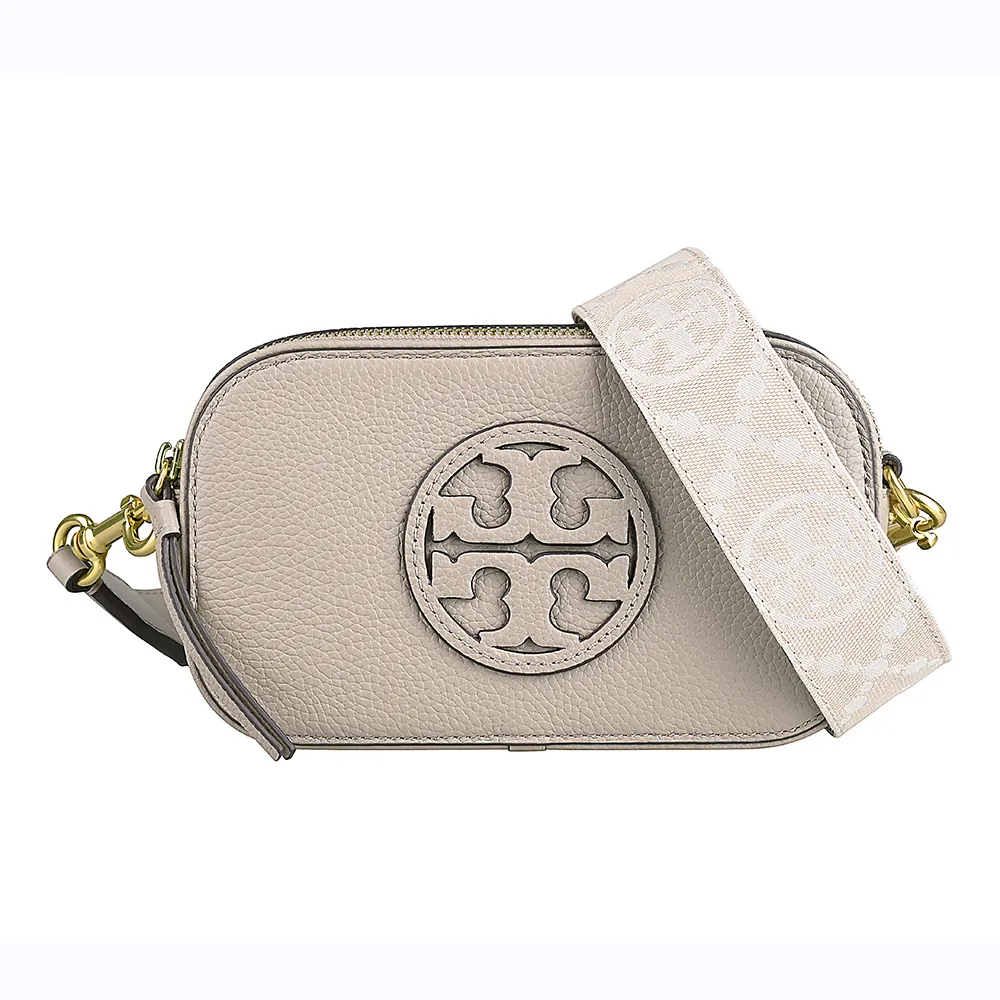 【TORY BURCH】TORY BURCH Miller系列鏤空雙T字LOGO牛皮雙層拉鍊斜背相機包(迷你/黏土灰白)