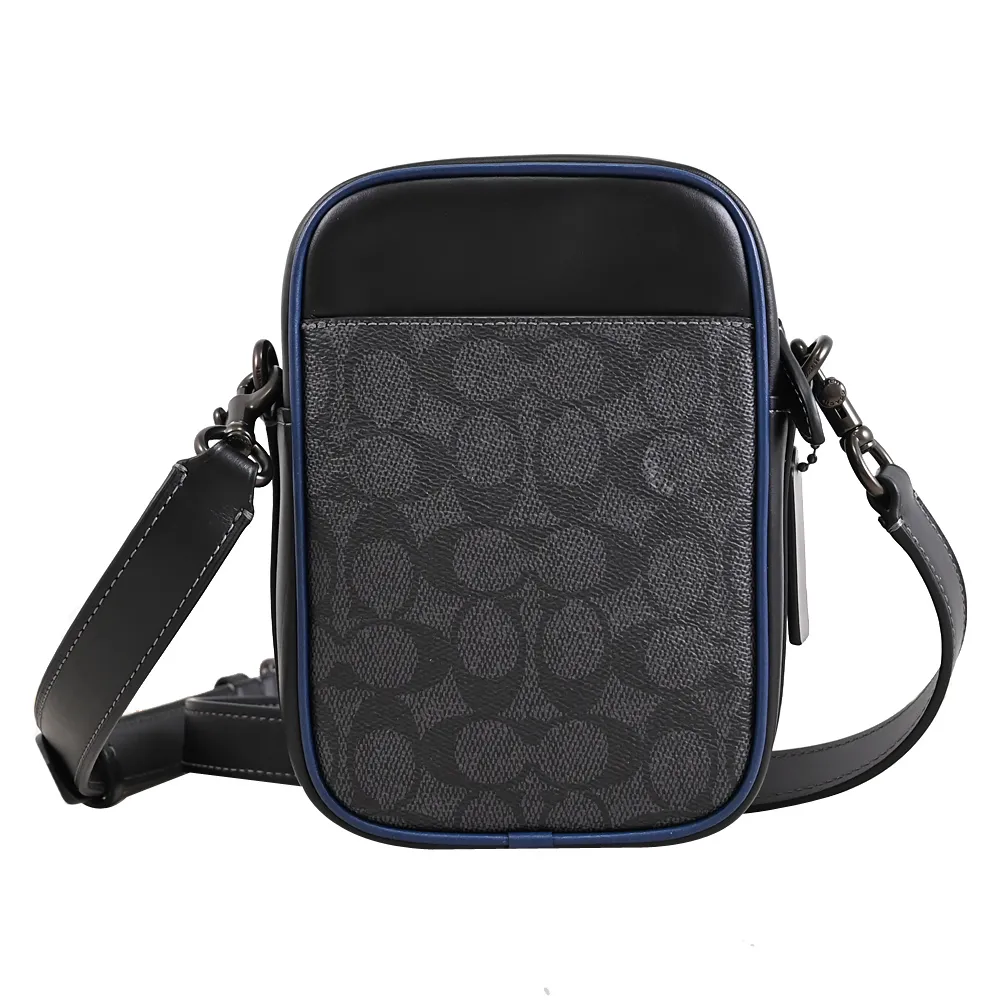 【COACH】HITCH 經典SIGNATURE印花拼接方包斜背包(黑灰)