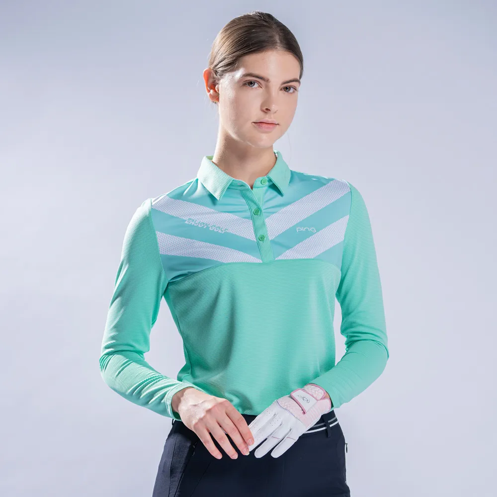 【PING】女款V字網點印條紋長袖POLO衫-綠(吸濕排汗/抗UV/GOLF/高爾夫球衫/RA22207-45)