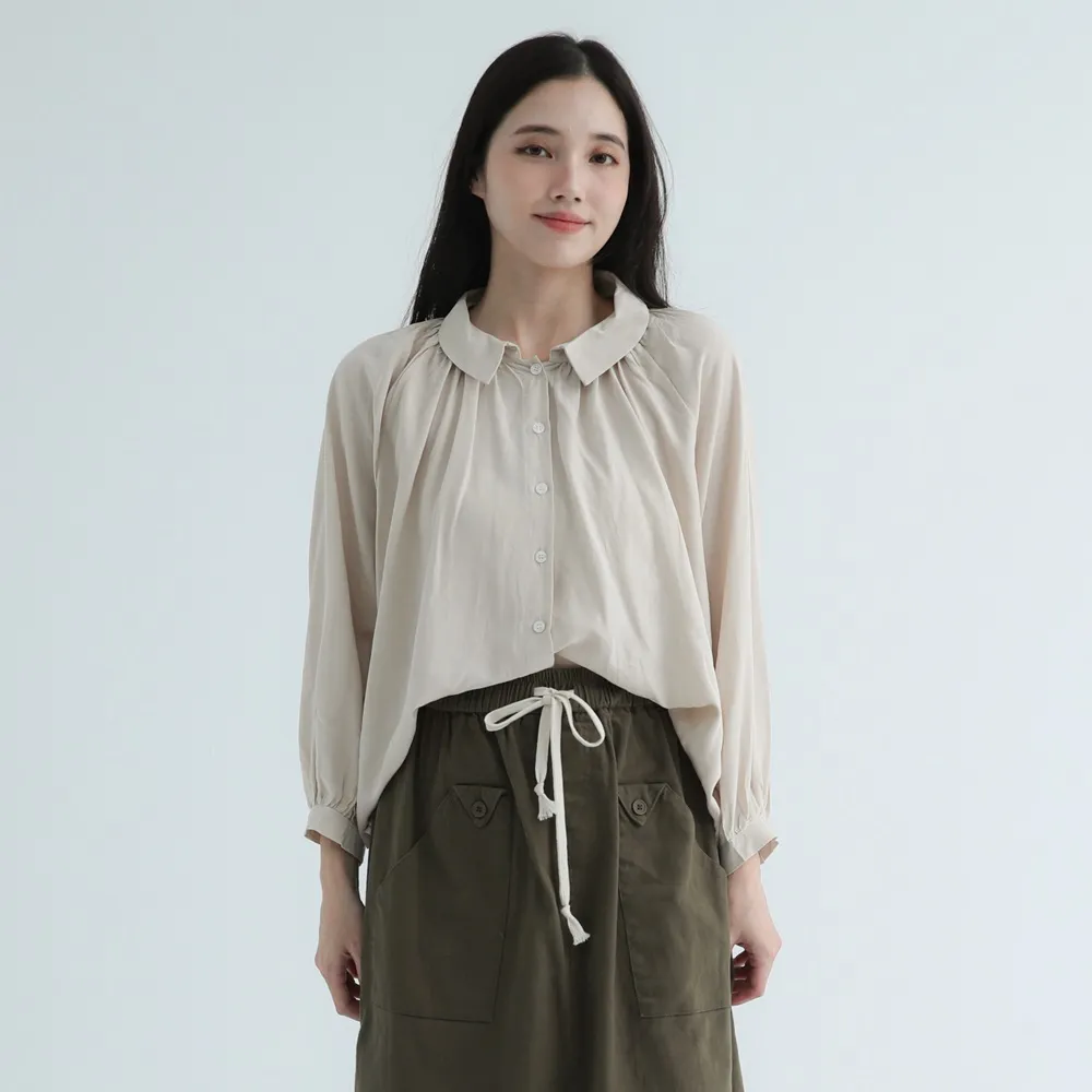 【PINK NEW GIRL】翻領抓皺連袖天絲襯衫 X3212CE
