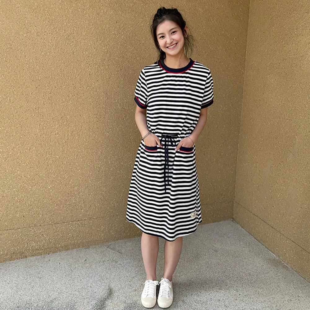 【Hana Mokuba】花木馬日系女裝圓領條紋綁帶休閒洋裝(洋裝)