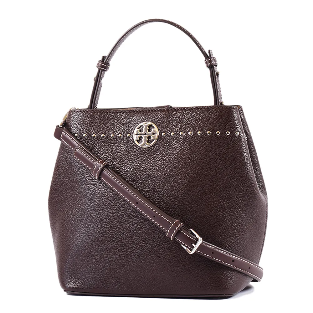 【TORY BURCH】鉚釘荔枝紋磁釦手提/斜背二用水桶包-咖啡色/小