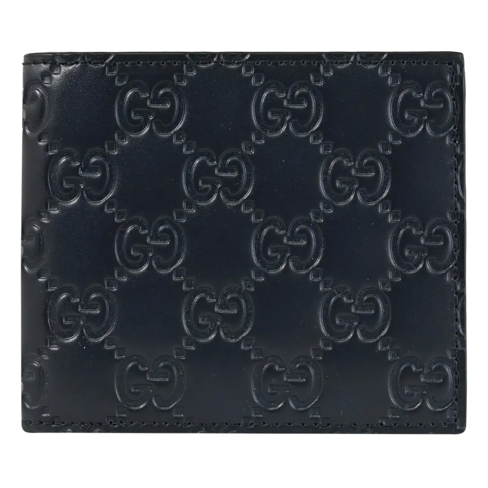 【GUCCI 古馳】經典雙G LOGO皮革壓紋雙層對折八卡短(深藍)
