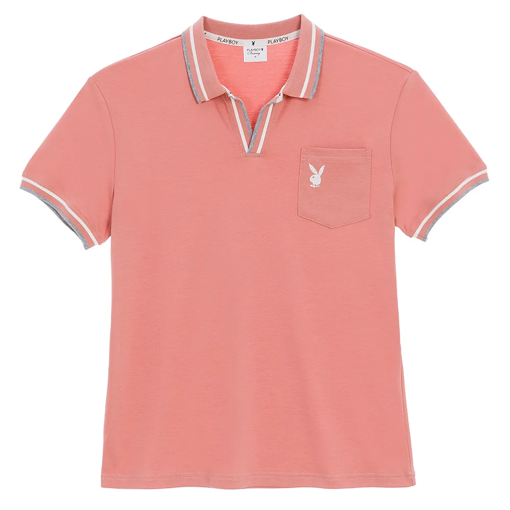 【PLAYBOY】V領配色羅紋POLO衫(粉色)