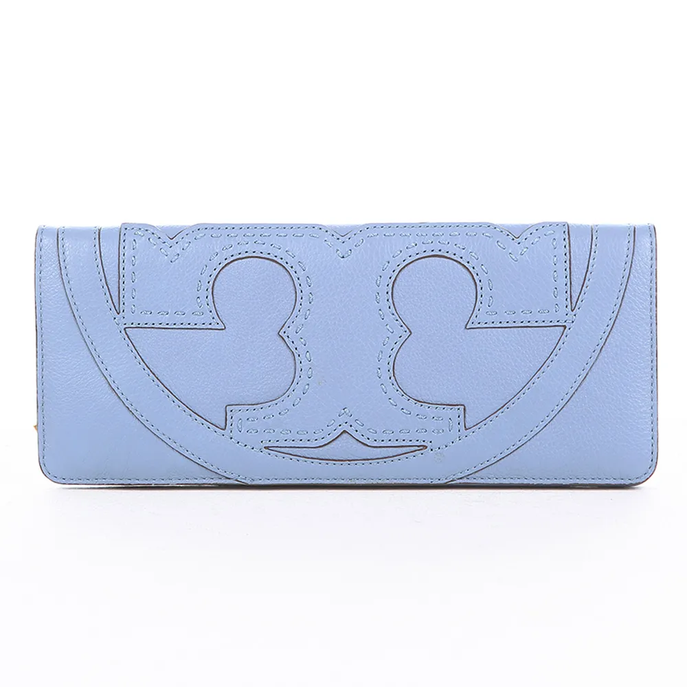【TORY BURCH】皮革縫線對開長夾(水藍/展示品)