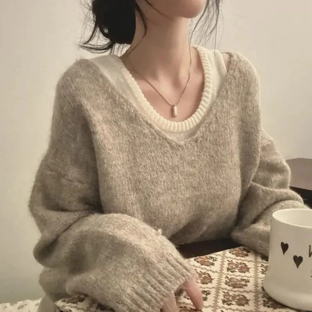 【D.studio】韓版兩件式寬鬆背心+毛衣(針織上衣毛衣長袖上衣保暖上衣 冬天女裝秋冬女裝發熱衣W526)
