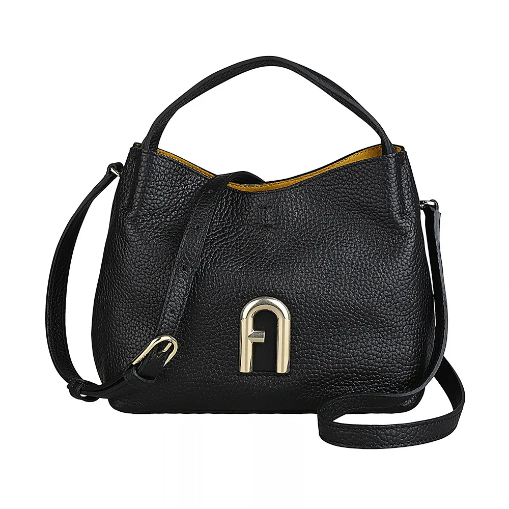 【FURLA 芙拉】FURLA Primula復古拱門LOGO荔枝紋小牛皮扣式手提斜背流浪包(迷你/黑)